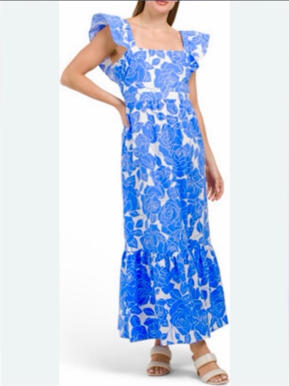 London Times Woman Blue Floral Ruffle Maxi Dress Size 16W